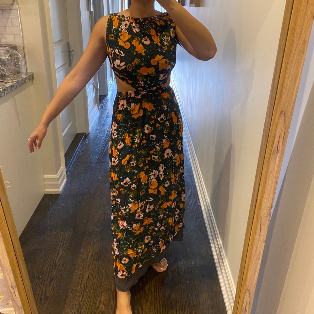 Wilfred floral dress with grey trim.